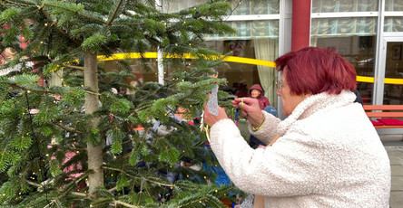 Eine Seniorin der ProCurand Seniorenresidenz Am Krökentor schmückt den Weihnachtsbaum.