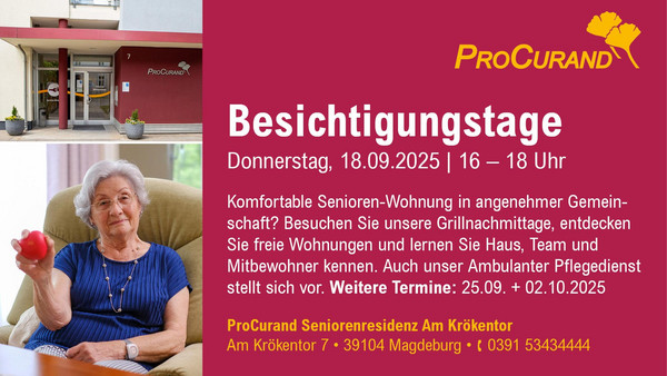 Besichtigung & Grillnachmittag in der ProCurand Seniorenresidenz Am Krökentor am 18.09.2025, 16 – 18 Uhr Besichtigung & Grillnachmittag in der ProCurand Seniorenresidenz Am Krökentor am 18.09.2025, 16 – 18 Uhr