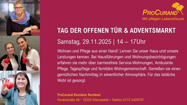 Tag der offenen Tür in der ProCurand Residenz Nordend in Eberswalde am Samstag, der 29.11.2025, von 14 – 17Uhr.