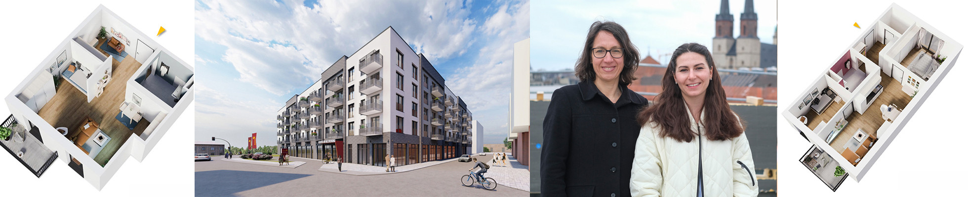 ProCurand Residenz Am Hallorenring - Collage Ansprechpartnerinnen und Visualisierungen