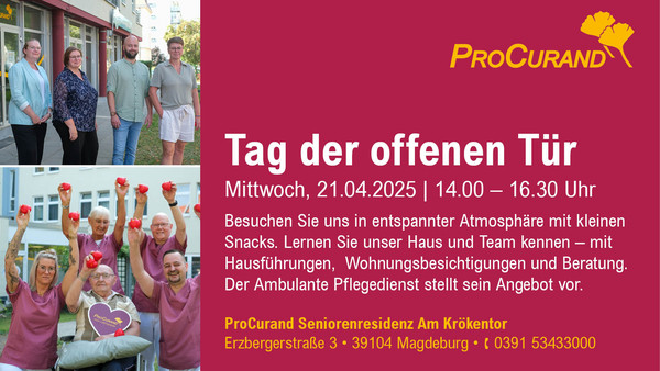 Tag der offenen Tür in der ProCurand Seniorenresidenz am Krökentor am 21.05.2025 von 14:00 bis 16:30 Uhr Tag der offenen Tür in der ProCurand Seniorenresidenz am Krökentor am 21.05.2025 von 14:00 bis 16:30 Uhr