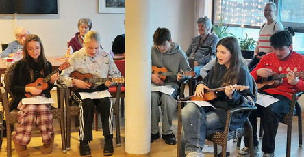 Schüler*innen des Hannah-Arendt-Gymnasiums musizieren mit Ukulelen bei der Weihnachtsfeier der Bewohner*innen in der ProCurand Seniorenresidenz Havelpalais.