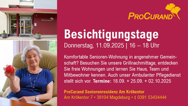Besichtigung & Grillnachmittag in der ProCurand Seniorenresidenz Am Krökentor am 11.09.2025, 16 – 18 Uhr Besichtigung & Grillnachmittag in der ProCurand Seniorenresidenz Am Krökentor am 11.09.2025, 16 – 18 Uhr