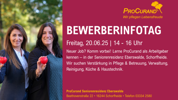 Der Bewerberinfotag findet am 20.06.2025 um 14h in der ProCurand Seniorenresidenz Eberswalde. Der Bewerberinfotag findet am 20.06.2025 um 14h in der ProCurand Seniorenresidenz Eberswalde.