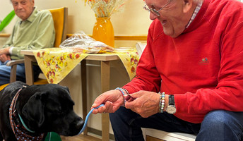 In der ProCurand Seniorenresidenz Bölschestraße füttert ein Bewohner Besuchshund Balu, während ein weiterer Bewohner entspannt am Tisch sitzt und die gemeinsame Zeit genießt.