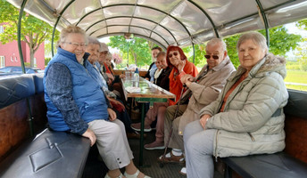Die Senior*innen der ProCurand Seniorenresidenz Eberswalde sitzen in der Kutsche und genießen die Fahrt bei angenehmer Stimmung und mit lächelnden Gesichtern.