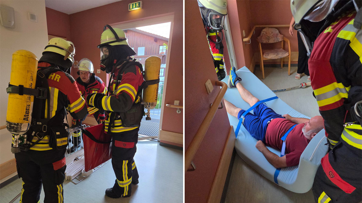 Probe-Evakuierung eines Kollegen des Pflegestift St. Ulrich durch zwei Feuerwehren in Lam