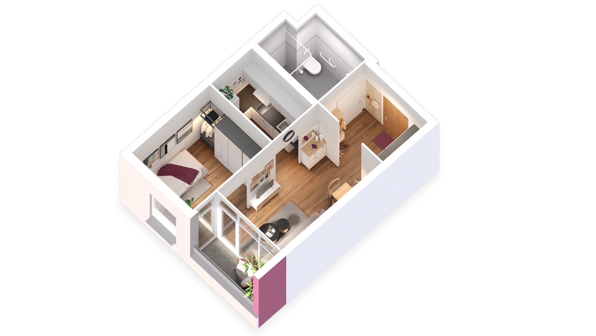 3D example floor plan of a 2-room flat with 36 m² in the ProCurand senior citizens' residence Am Krökentor, Magdeburg, service living. It shows the layout of the living room, bedroom and kitchen area.