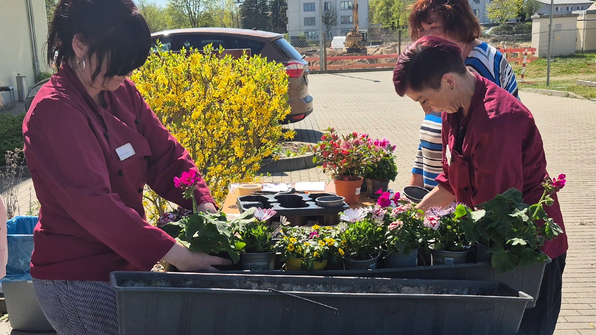 Kolleginnen beim Bepflanzen der Blumenkästen im Service-Wohnen Wriezener Straße